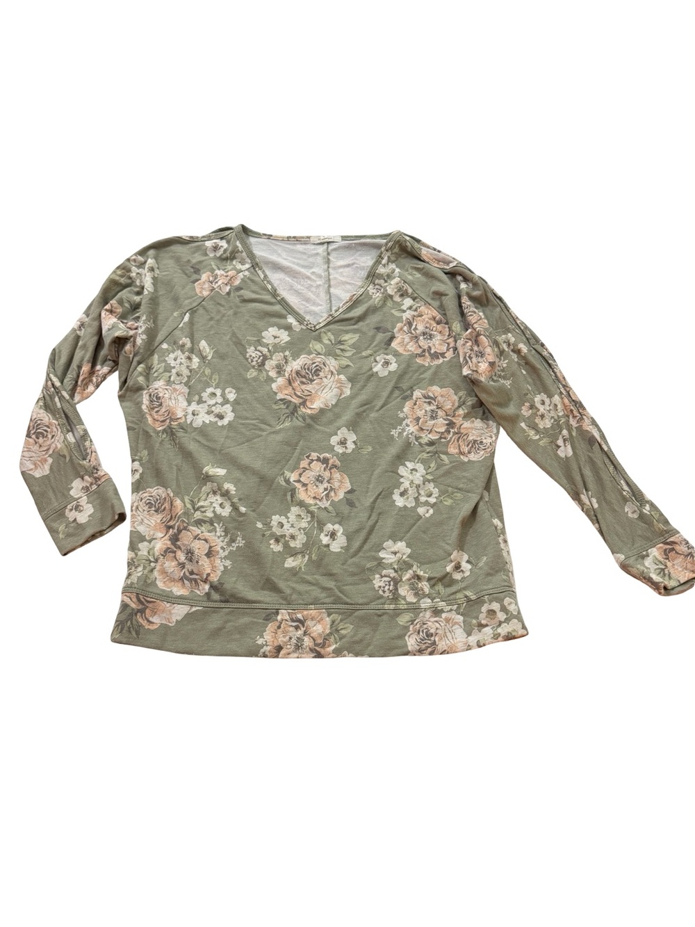 Maurices Sage Floral V Neck Long Sleeve Top Shirt Keyhole Cutout Small Women's